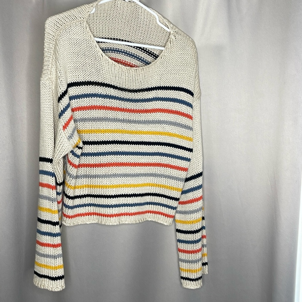 Lovestitch Sweater - crewneck beig with blk, mustard, grey,& orange stripes